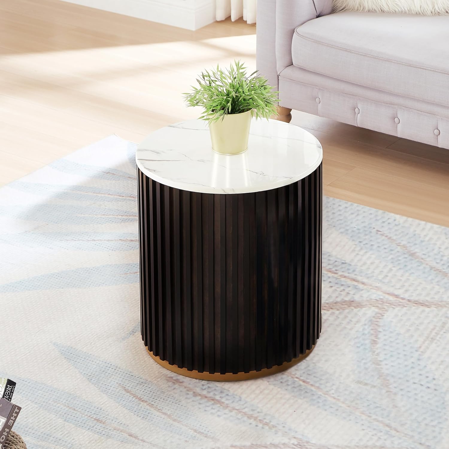 Black Brown Storage Marble Top Drum Wood End Table