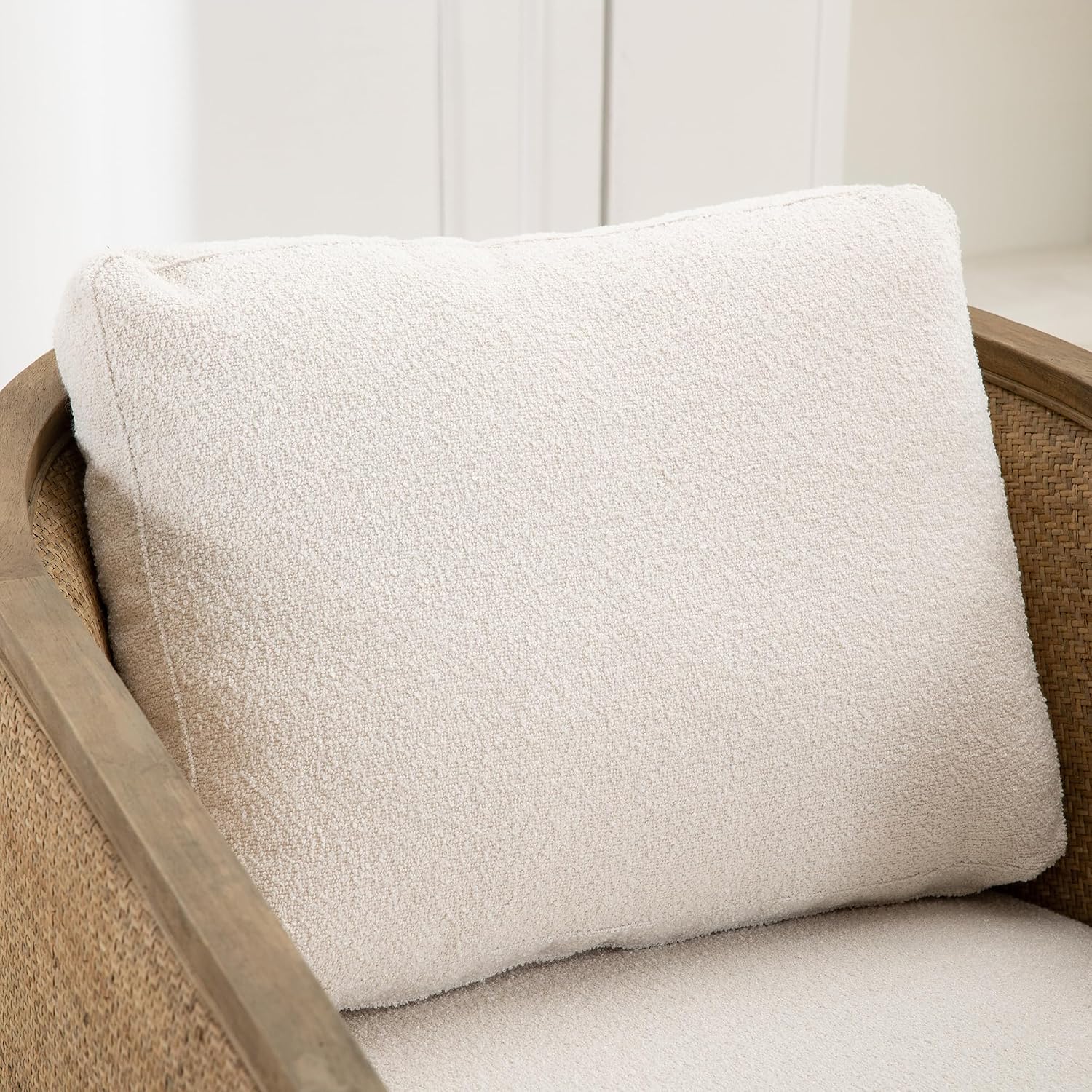 Beige Boucle Rattan Swivel Barrel Accent Chair