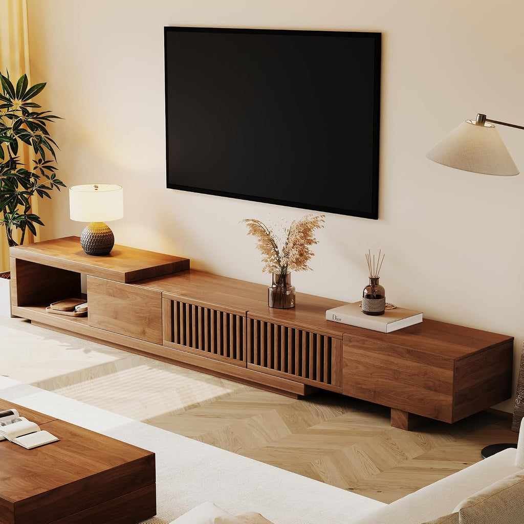 Walnut Extendable Slatted Storage Mid Century TV Stand