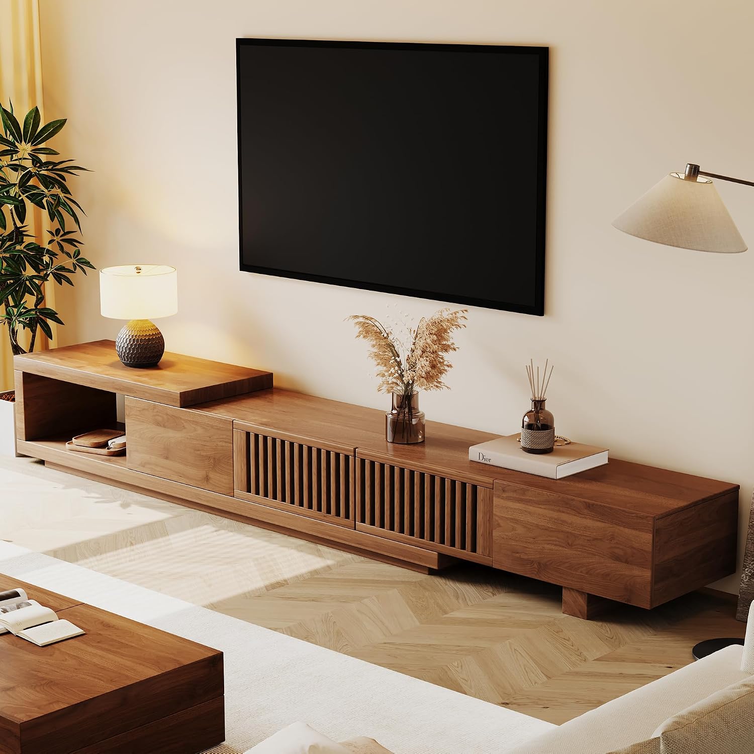 Walnut Extendable Slatted Storage Mid Century TV Stand