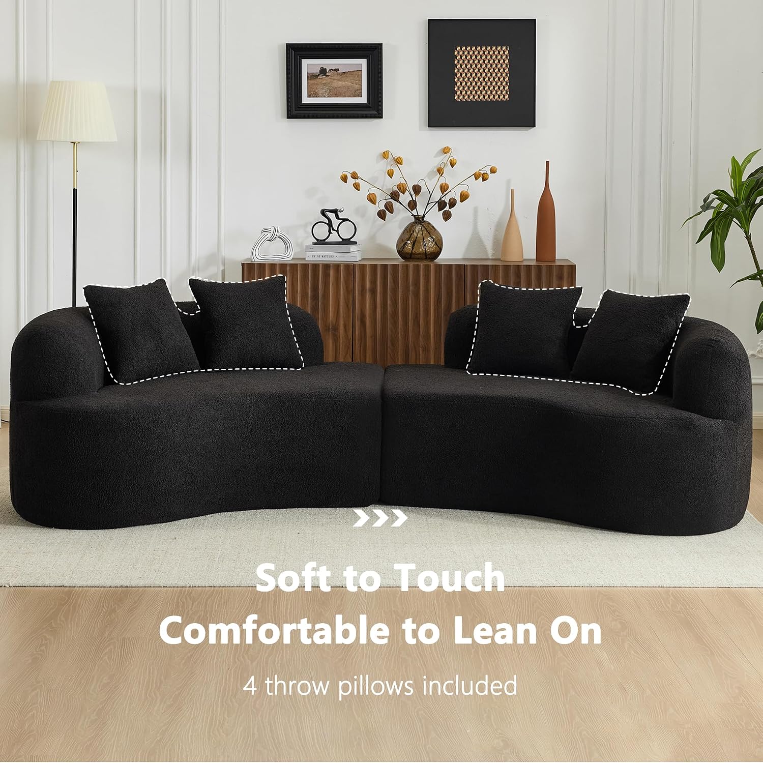 Black Teddy Fabric Deep Seat Curved 4-Seater Cloud Sofa