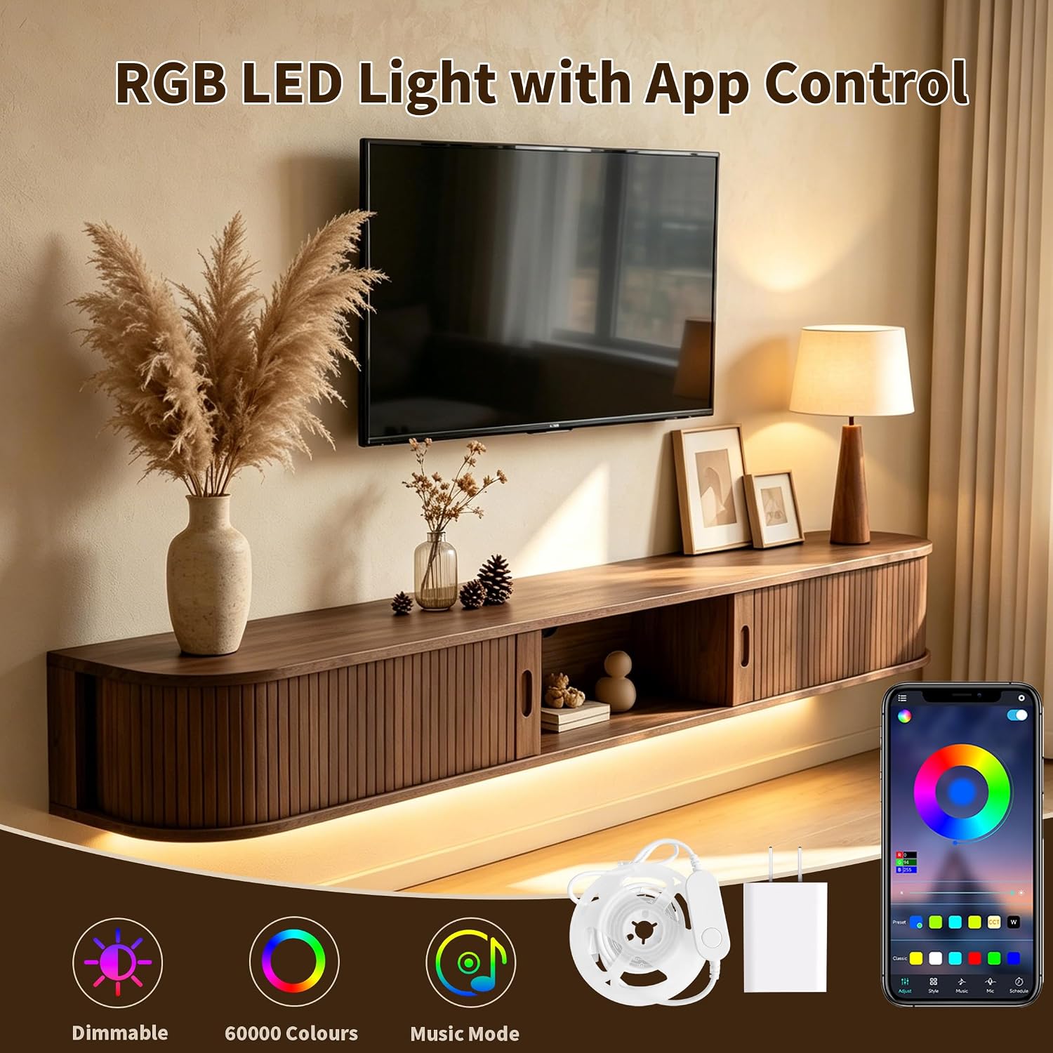 Walnut Fluted LED Sliding Door Floating TV Stand