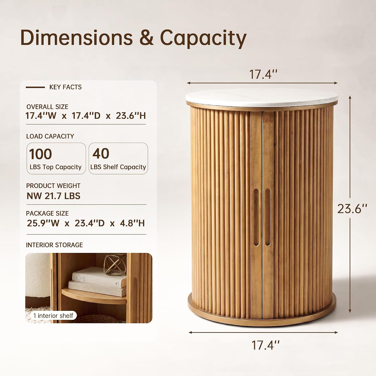 Natural Wood Fluted Storage Stone Top Round End Table
