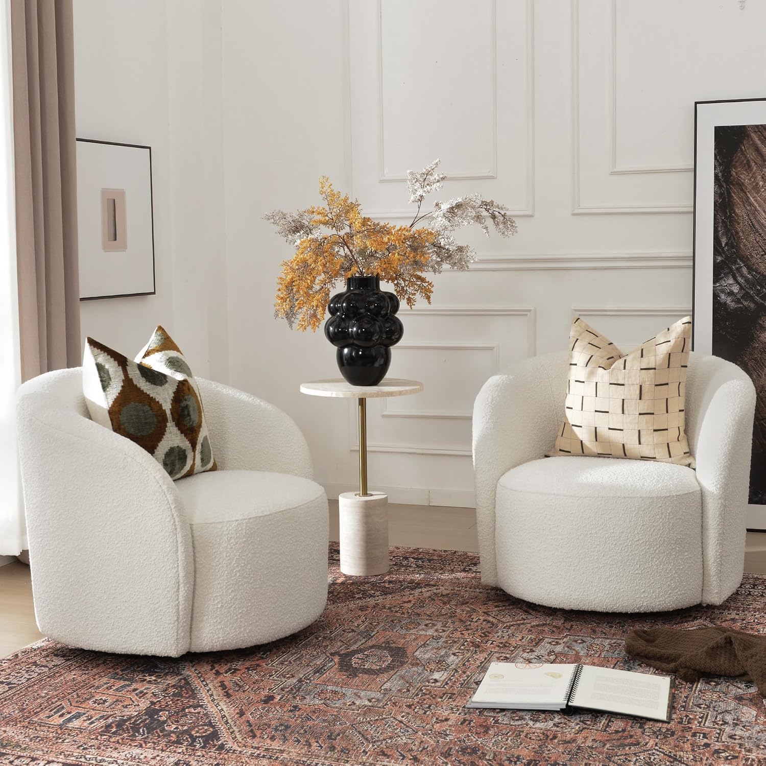 Cream Boucle 2 Pack Mid Century Swivel Barrel Chairs