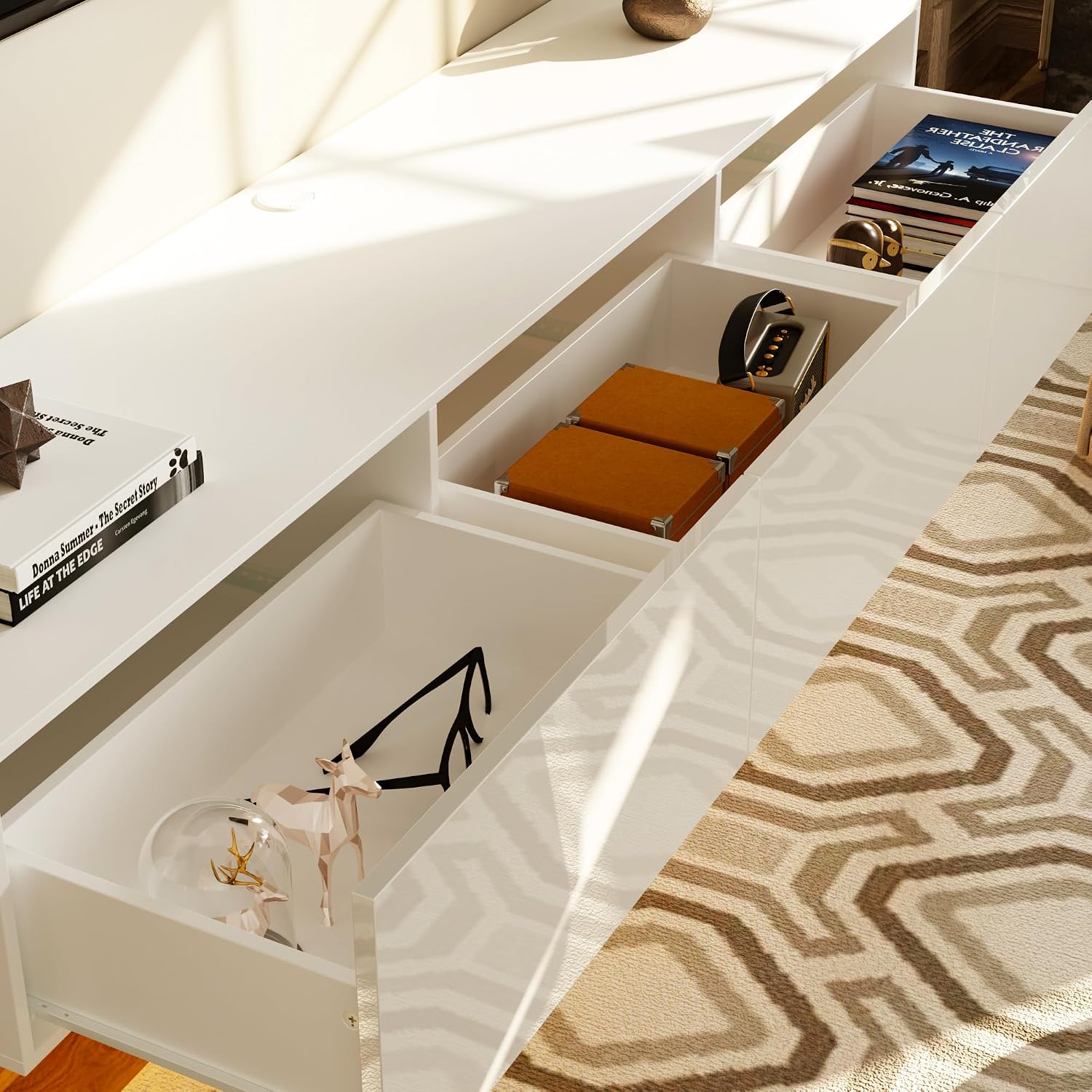 White LED Drawer Storage Wall Floating TV Stand