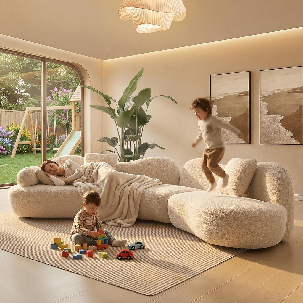 Beige Bouclé 5-Seater Curved Modular Cloud Sofa