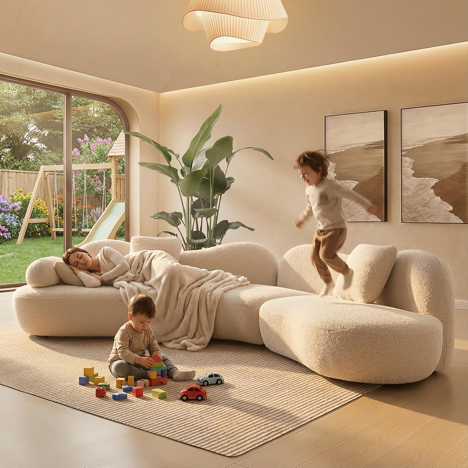 Beige Bouclé 5-Seater Curved Modular Cloud Sofa