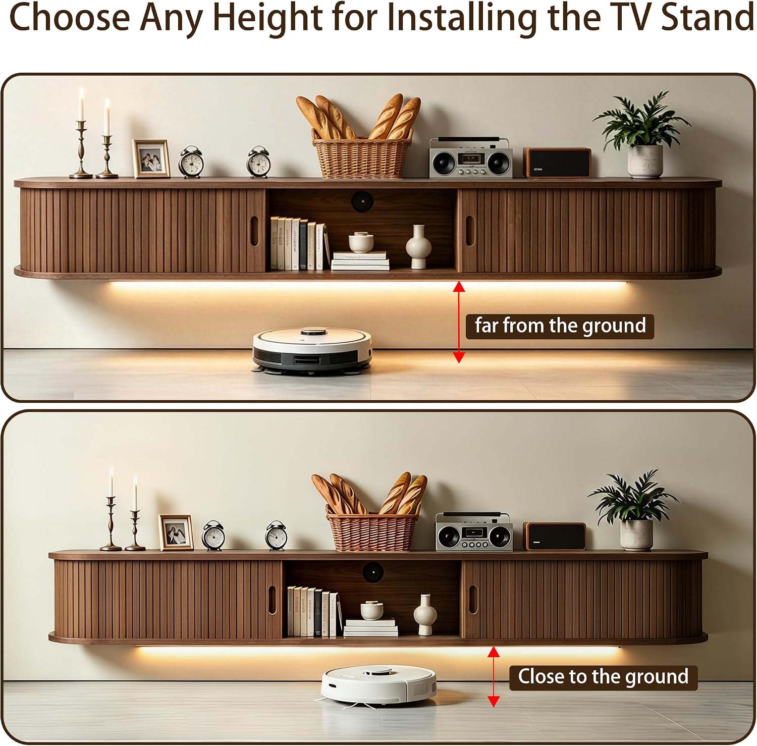 Walnut Fluted LED Sliding Door Floating TV Stand