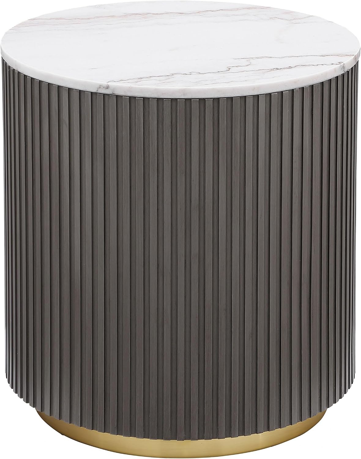 White Charcoal Reeded Drum Round Wood Metal End Table