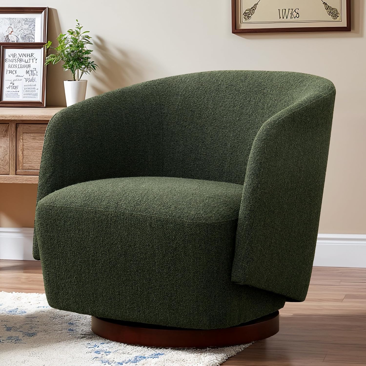 Green Boucle Rubberwood Base 360 Swivel Barrel Chair