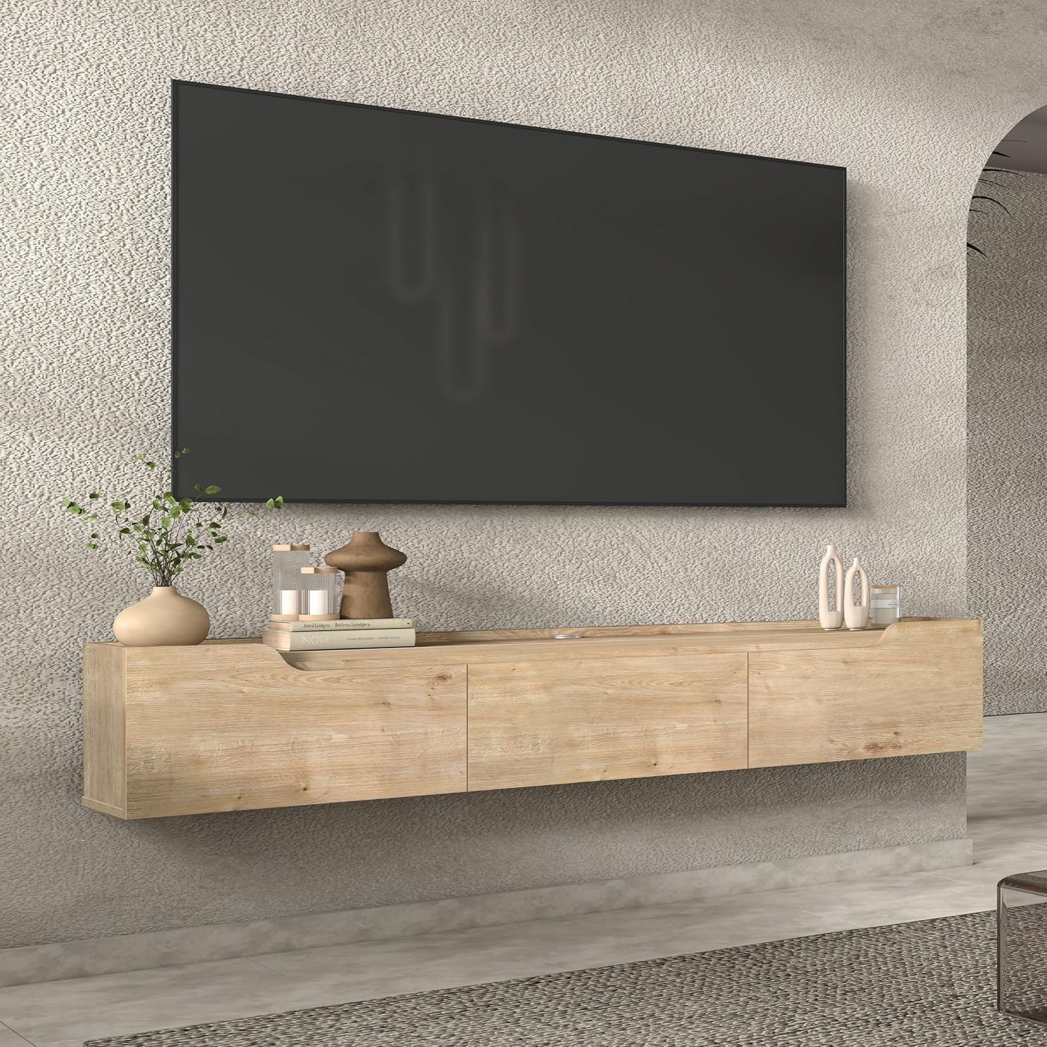 Oak Cable Management Wall Floating Storage TV Stand