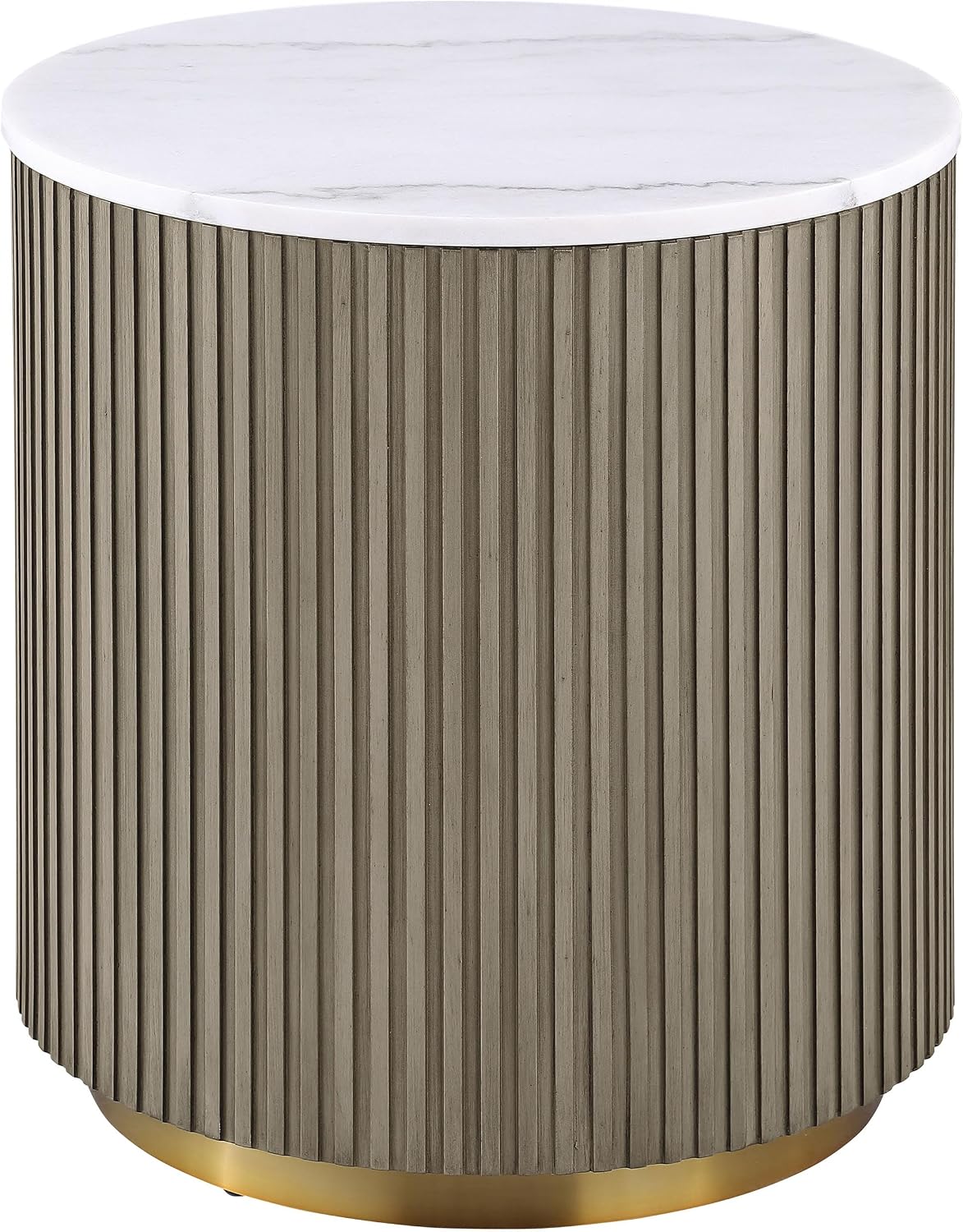Greige Reeded Drum Marble Top Gold Round End Table