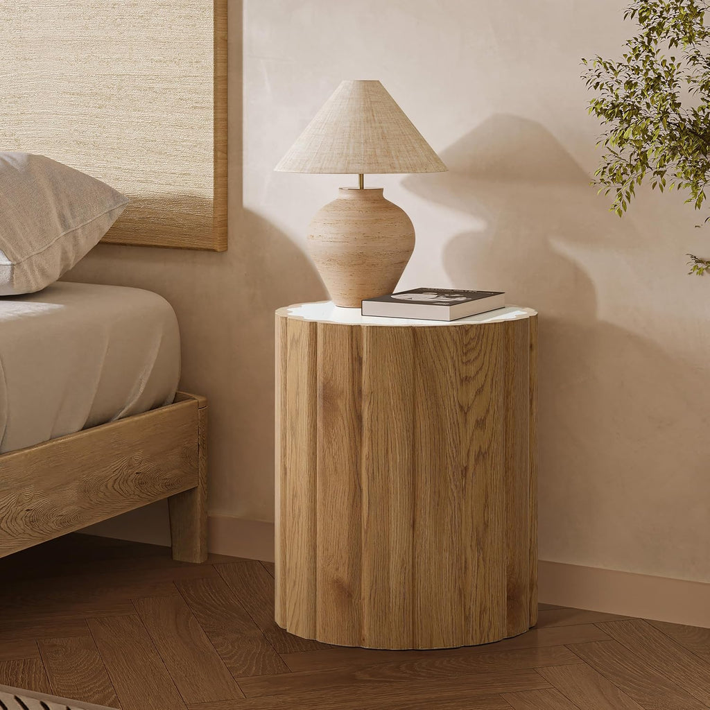 Marble Top Wood Wave Drum Round Side Table