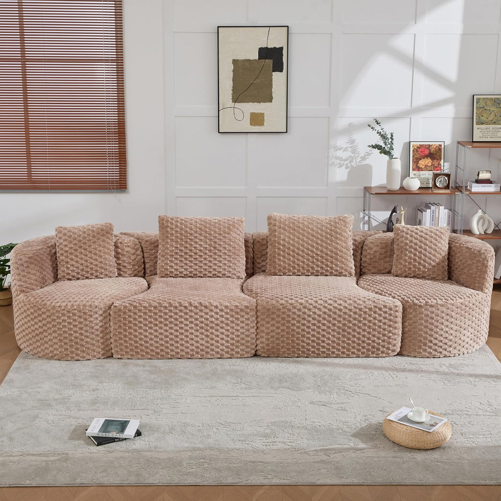 Camel Bubble-Velvet 4-Seat Curved Boneless Sectional Sofa