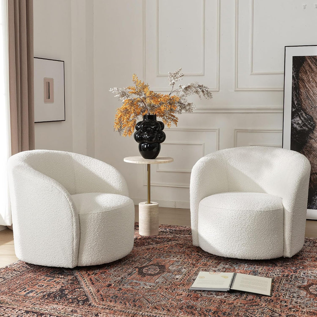 Cream Boucle 2 Pack Mid Century Swivel Barrel Chairs