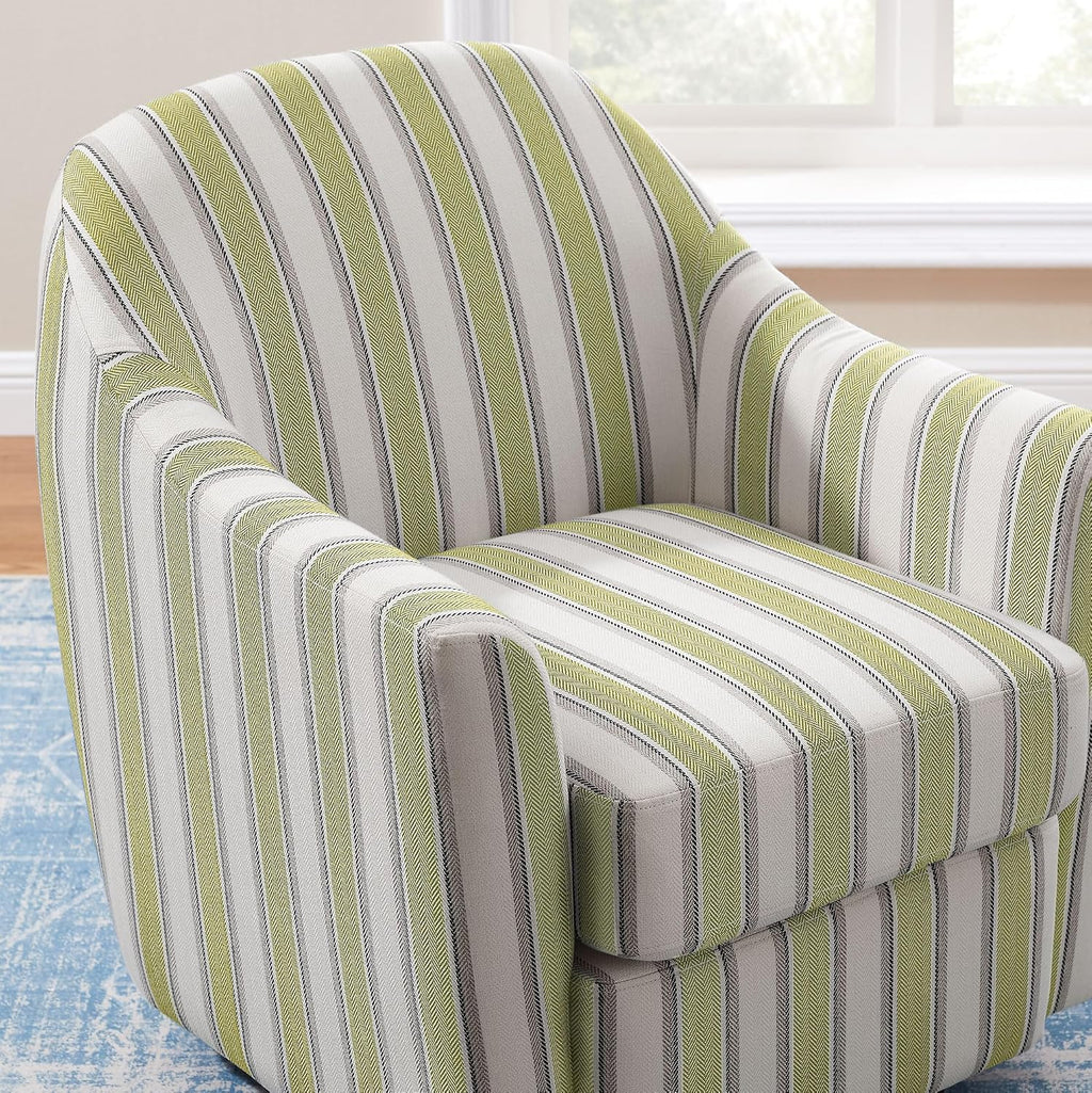 Green Striped Upholstered Swivel Barrel Chair