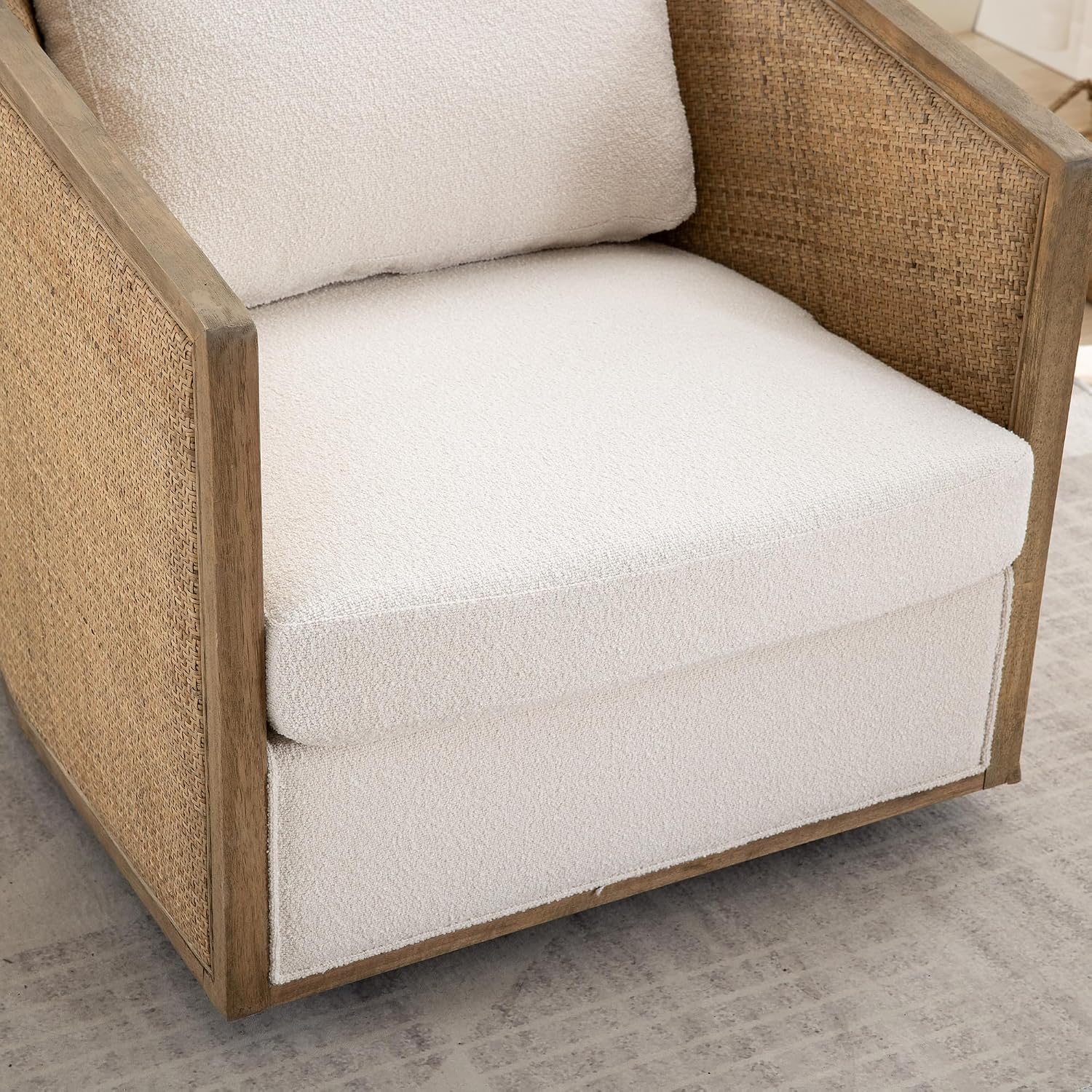Beige Boucle Rattan Swivel Barrel Accent Chair