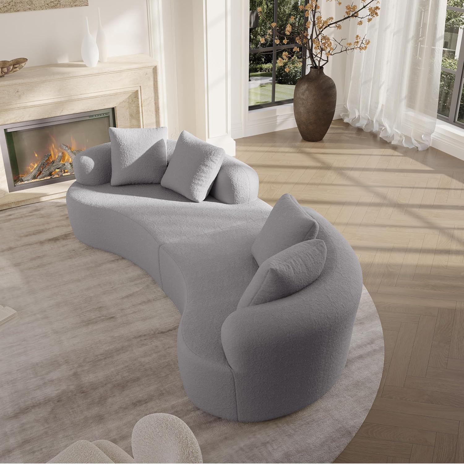 Pearl Grey Teddy Curved 4-Seater Cloud Sectional Sofa