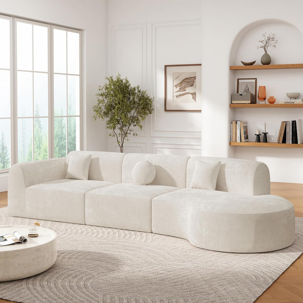 Beige Wool 6-Seater L-Shaped Curved Sectional Sofa