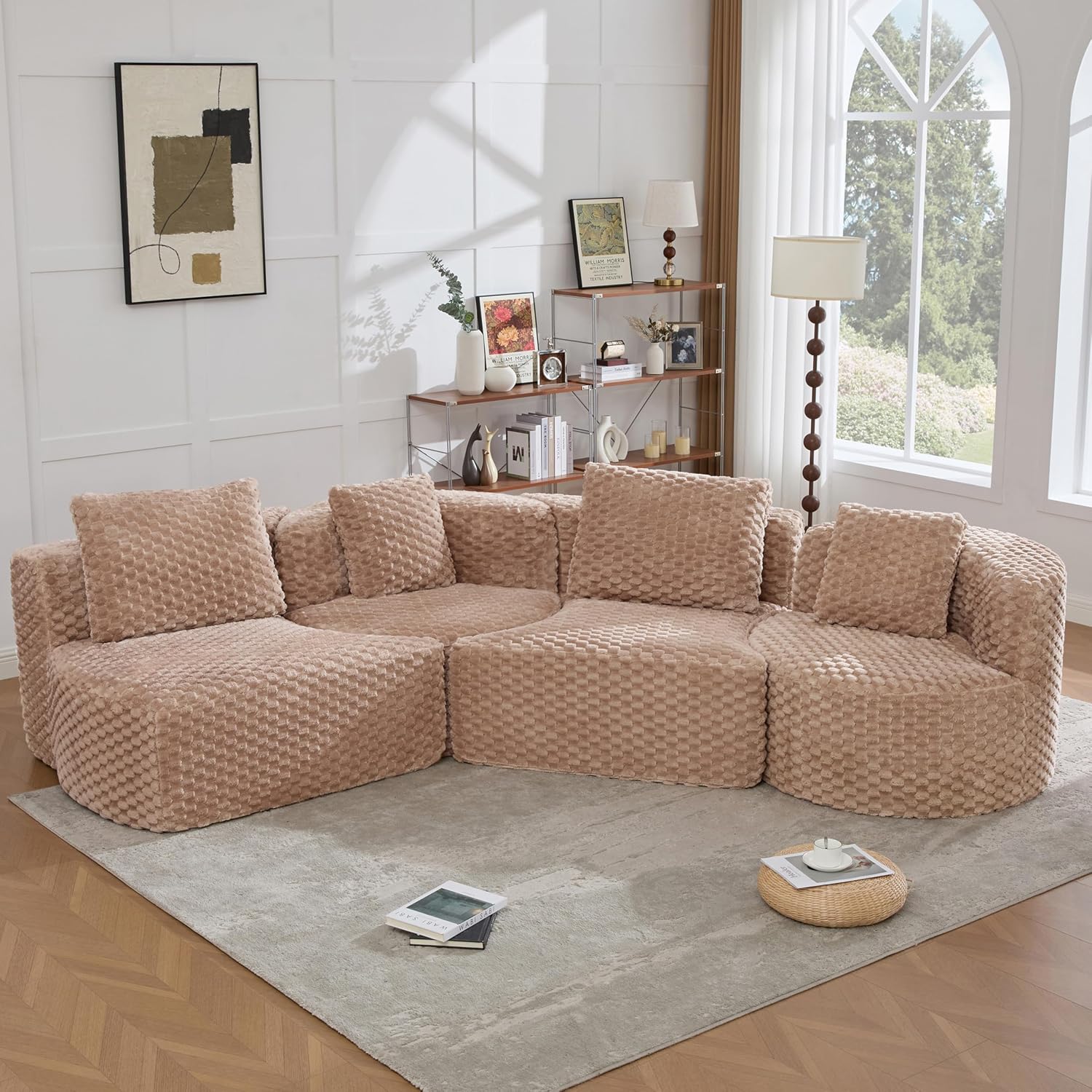 Camel Bubble-Velvet 4-Seat Curved Boneless Sectional Sofa