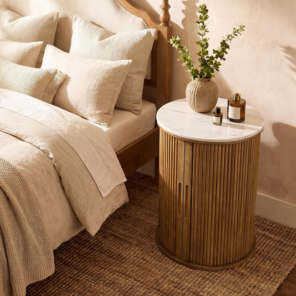 Natural Wood Fluted Storage Stone Top Round End Table