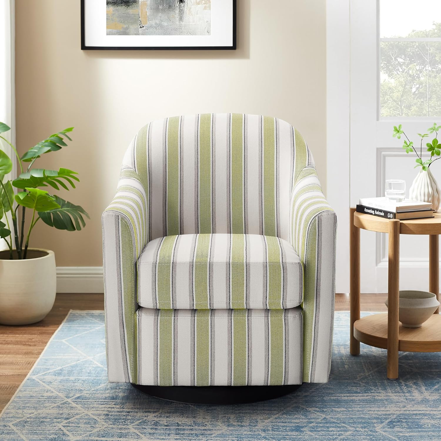 Green Striped Upholstered Swivel Barrel Chair