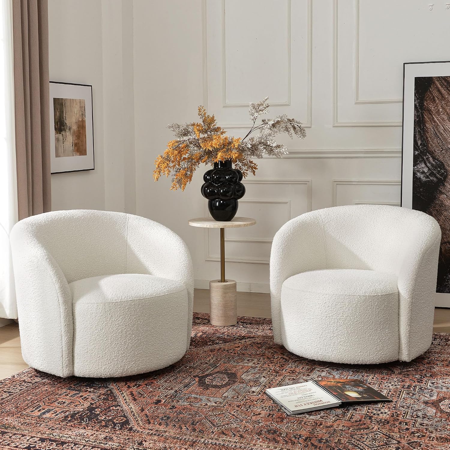 Cream Boucle 2 Pack Mid Century Swivel Barrel Chairs