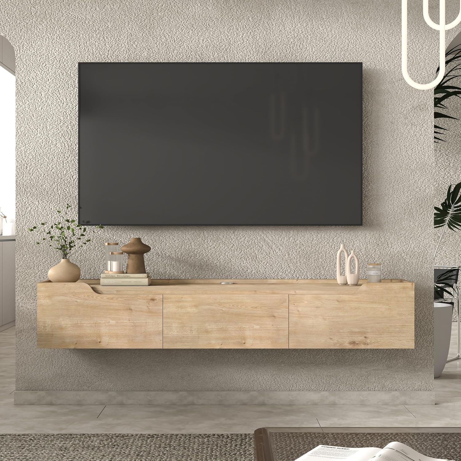 Oak Cable Management Wall Floating Storage TV Stand