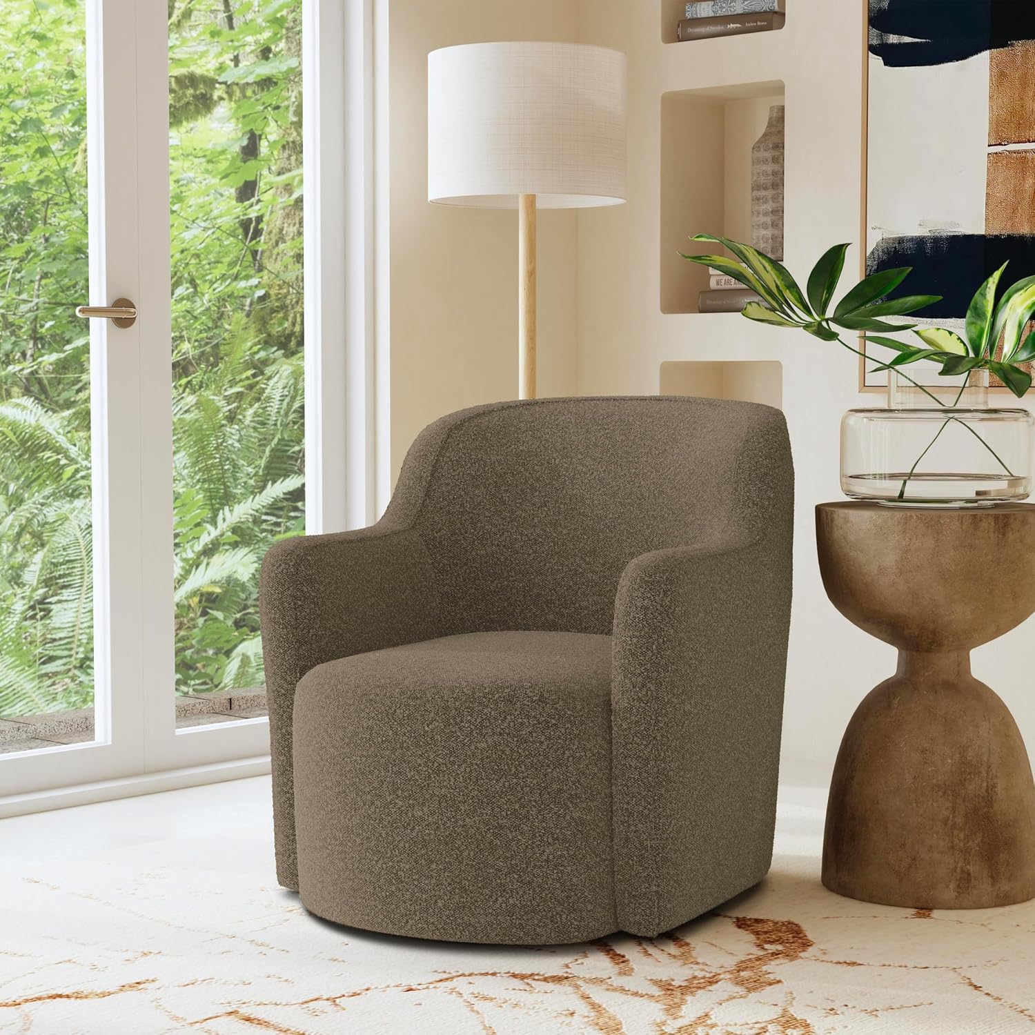 Brown Boucle 360 Degree Swivel Barrel Accent Chair
