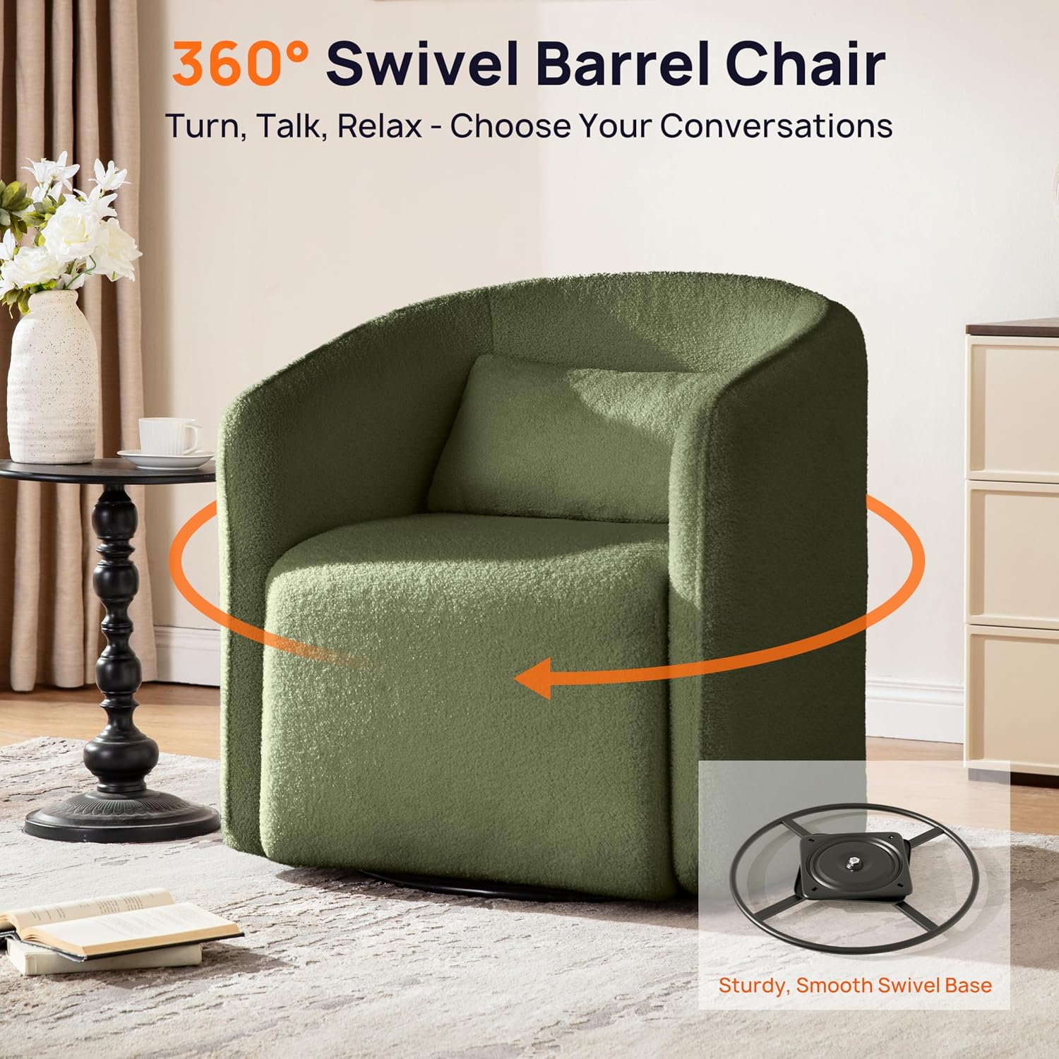 Green Sherpa Boucle Storage Swivel Barrel Chair
