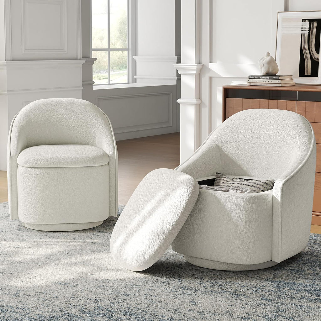 Beige Chenille Storage 2 Pack Swivel Barrel Chairs