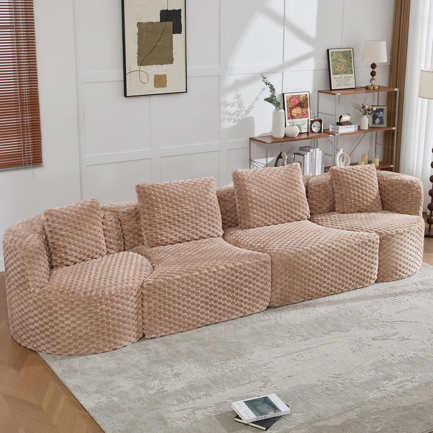 Camel Bubble-Velvet 4-Seat Curved Boneless Sectional Sofa