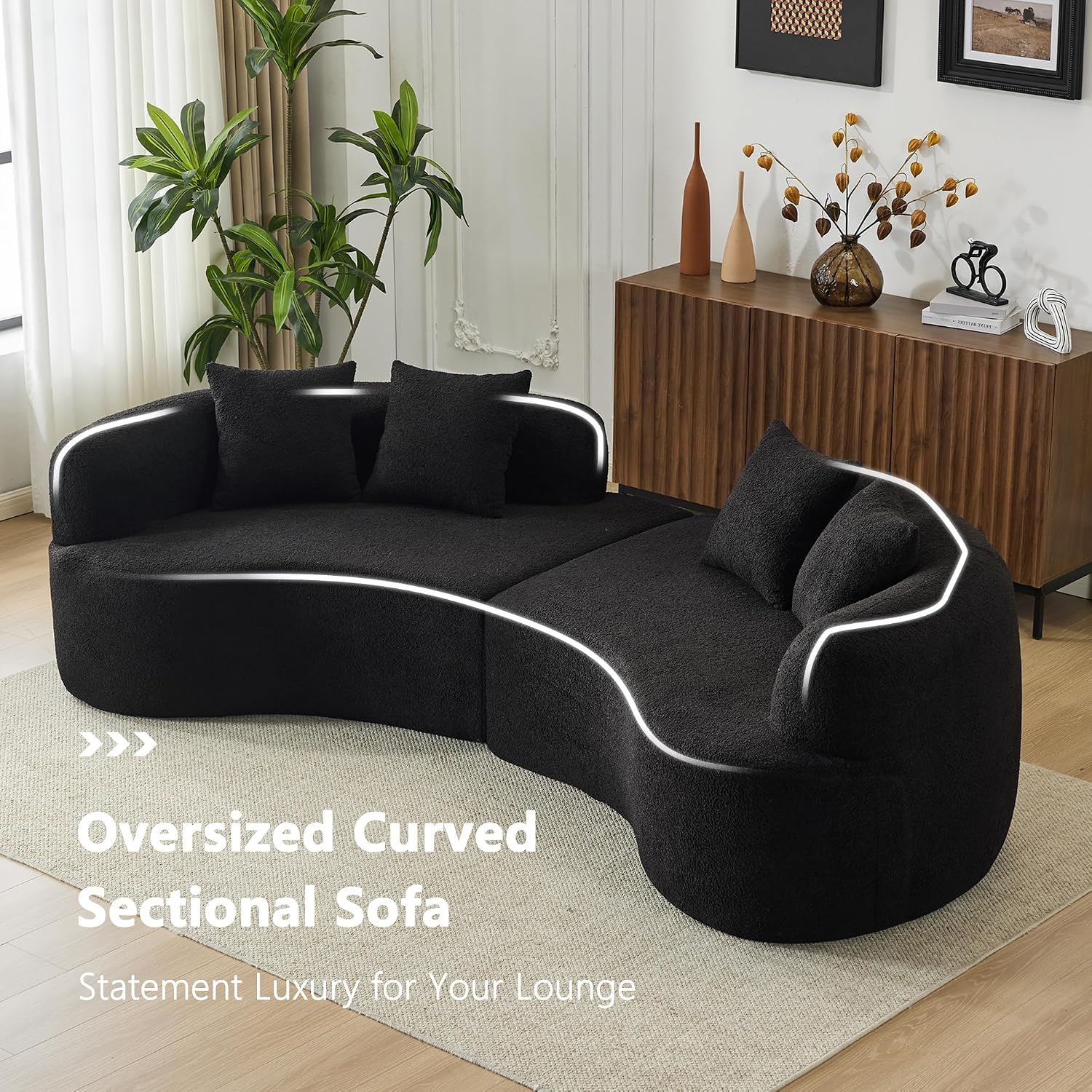 Black Teddy Fabric Deep Seat Curved 4-Seater Cloud Sofa