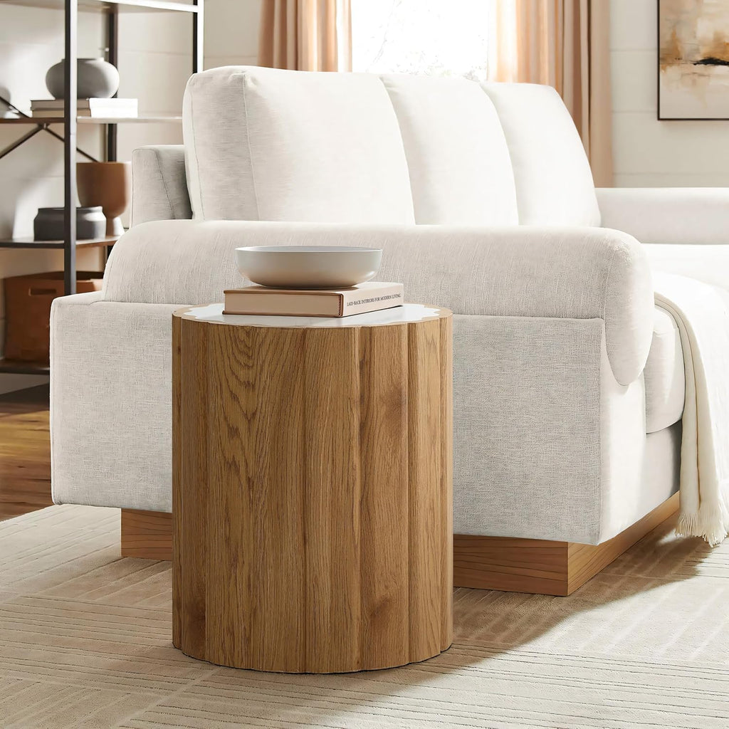 Marble Top Wood Wave Drum Round Side Table