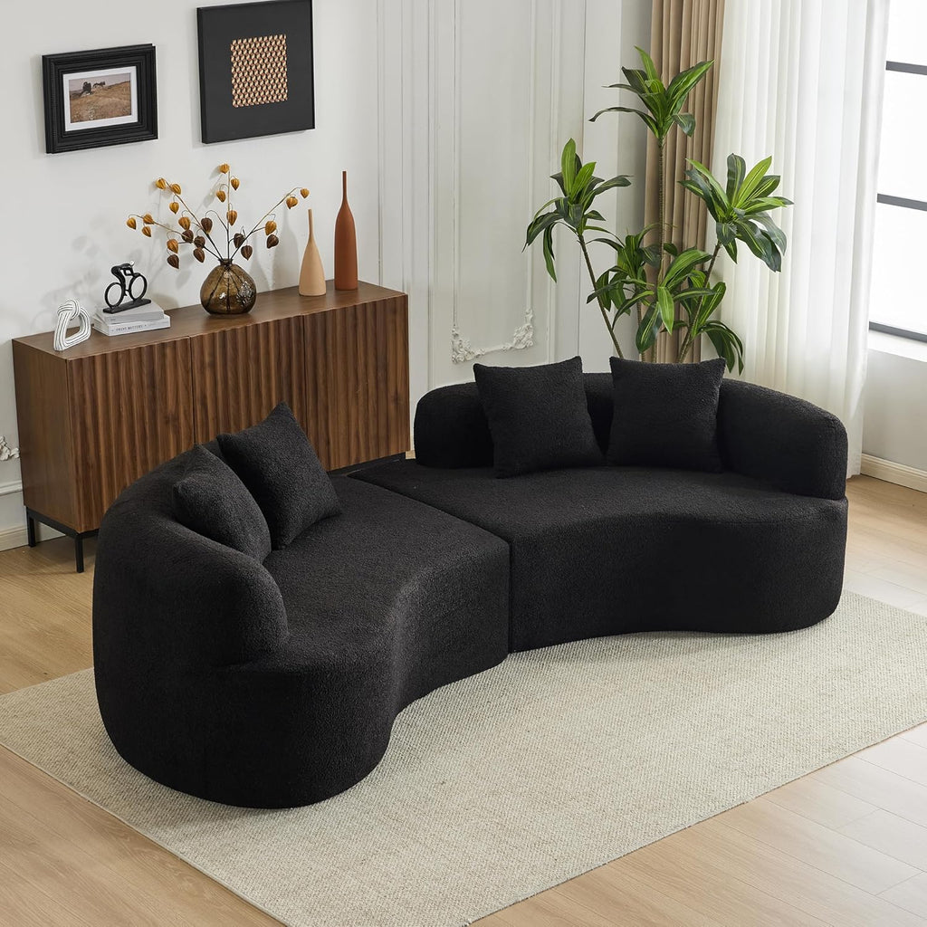 Black Teddy Fabric Deep Seat Curved 4-Seater Cloud Sofa