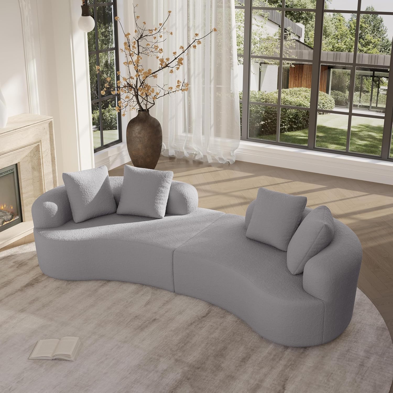 Pearl Grey Teddy Curved 4-Seater Cloud Sectional Sofa