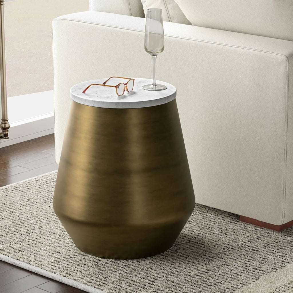 Brass Iron Genuine Marble Round Compact Side Table