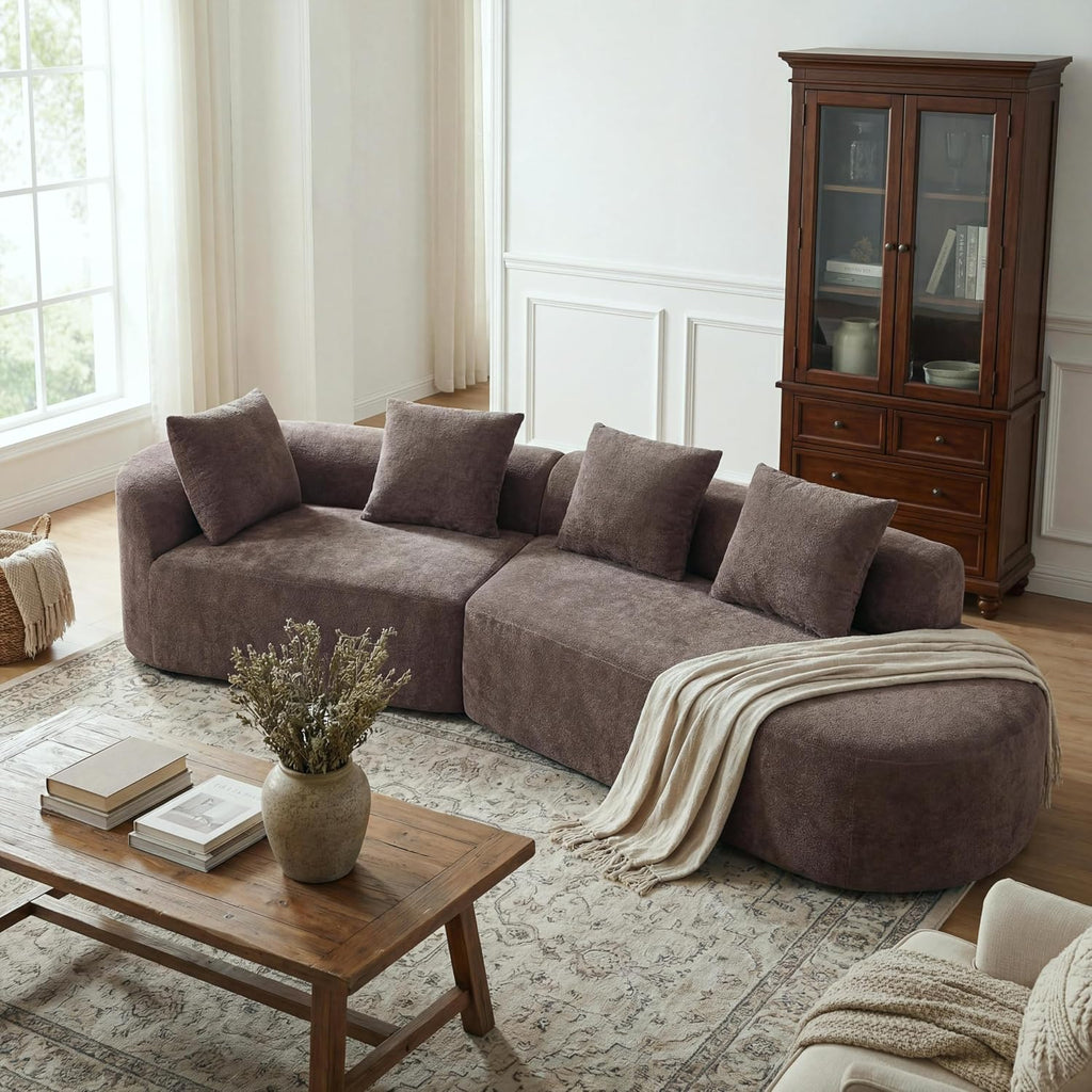 Brown Curved L-Shaped Modular 4-Seater Sectional Sofa
