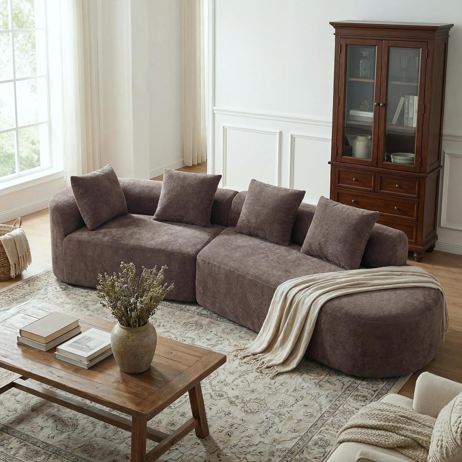 Brown Curved L-Shaped Modular 4-Seater Sectional Sofa