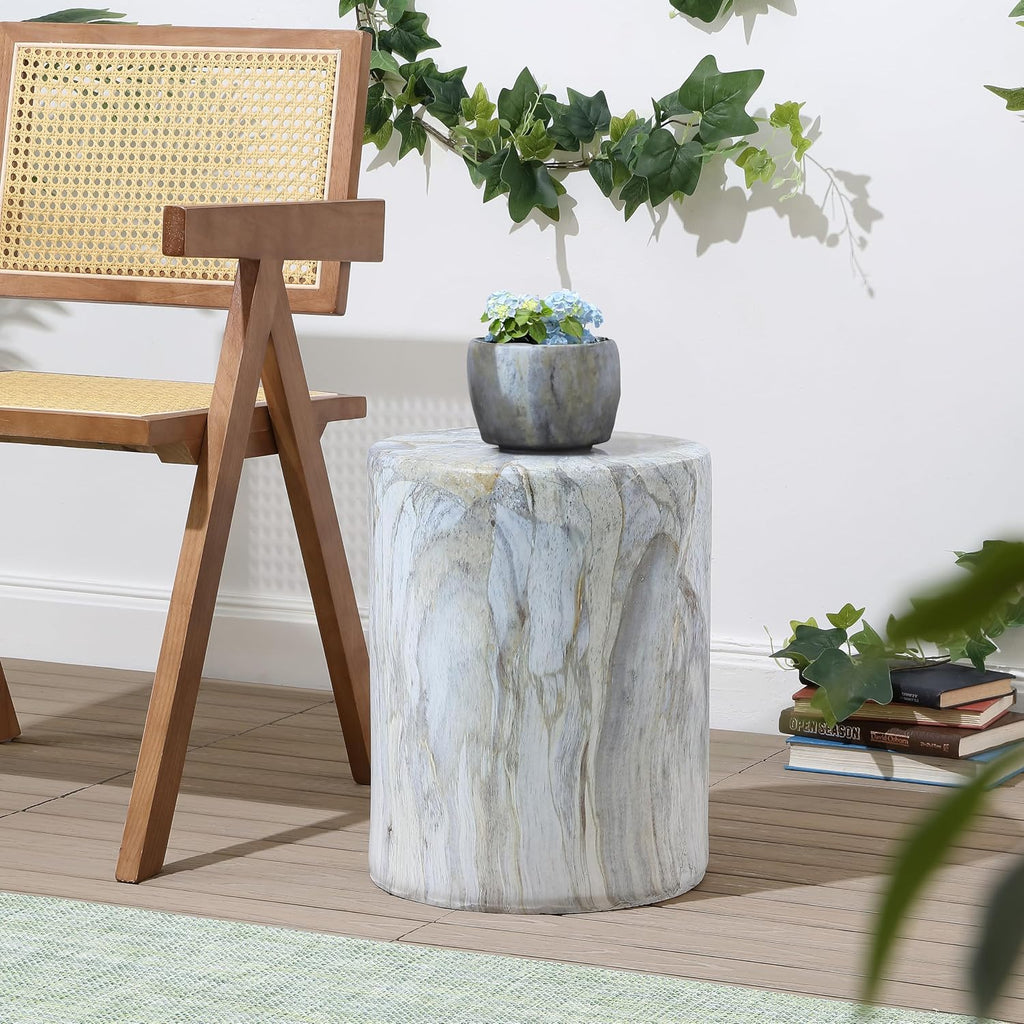 Gray Gold Faux Marble Round Cylinder Accent Table