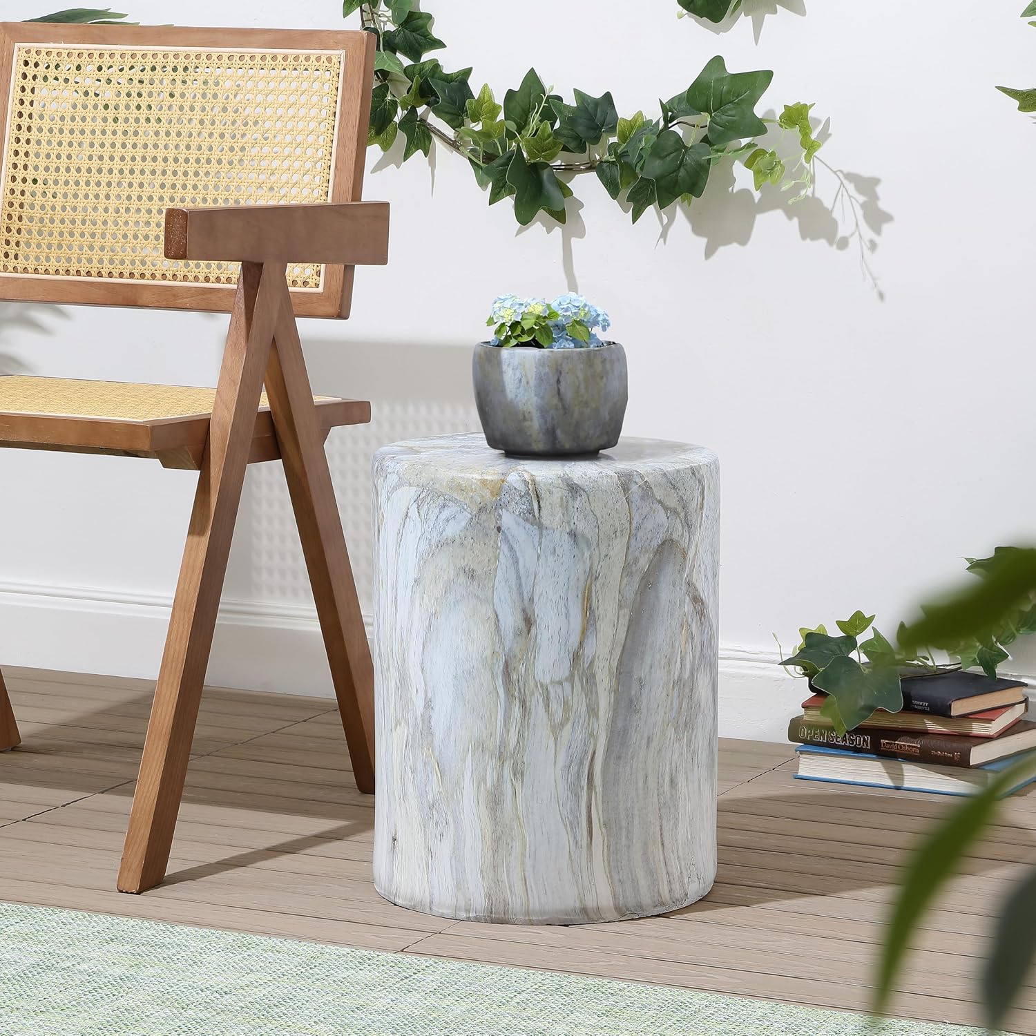 Gray Gold Faux Marble Round Cylinder Accent Table